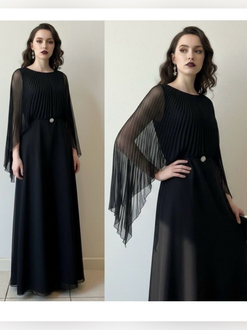 Vintage 70s Jane Milano Black Maxi Dress Medium Pleated Chiffon Ang Sleeves